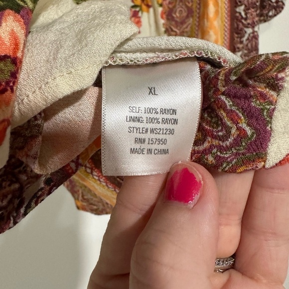 Blue Rain Bell Sleeve 3/4 Sleeve Floral Top, Women's Size XL Cream/Brown Boho - Picture 5 of 6